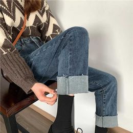 Suitable for Wide Hips and Legs Oversized Rolled Edge Jeans Womens Spring 2024 New Chubby Mm High Waisted Loose Straight Leg Pants
