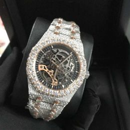 Wristwatches New Version Skeleton VVS1 Diamonds Watch PASS TT Rose Gold Mixed Sier Top quality Mechanical ETA movement Men Luxury 249p