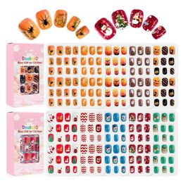 120PCS Halloween Christmas Cartoon Childrens Fake Nails Self Adhesive Full Coverage Press Nail Tip Accessory Gifts for Kids 240318
