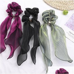 Hair Accessories Fashion Bow Streamers Elastic Bands Scrunchies Solid Colour Silk Polyester Knotted Ties Women Girls Drop Delivery Ba Dh7Dl