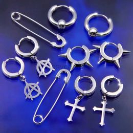 Hoop Huggie Ins Hiphop Punk Gothic Cross Peak Hanging Ring Earrings Suitable for Women Men Anti Allergy Titanium Stainless Steel Pins Cool Earrings 240326