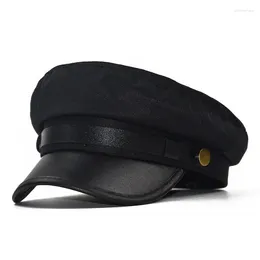 Berets Leather Brim Beret Sboy Octagonal Cap With Belt Button Men Women Flat Cotton Navy Hats For Artist Painter Hat