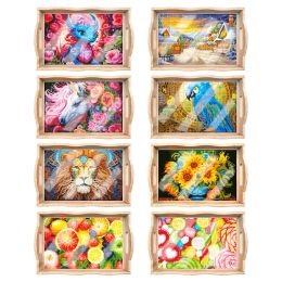 Stitch Diamond Painting Decorative Trays with Handle Rectangular Wooden Tray Nesting Food Trays Coffee Table Tray for Serving Food