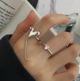 Wedding Rings Cute Pink Zircon Heart For Women Girls Open Cuff Finger Ring Set With Chain Gothic Korean Style Jewellery Anillos9963719