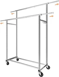 Hangers Simple Trending Double Rod Clothing Garment Rack Rolling Clothes Organiser On Wheels For Hanging With 4 Hooks Chrome