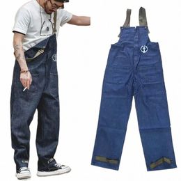 retro Military Style Naval Casual Deck Overalls Dungaree In Blue Spring Autumn W Denim Red Ear Straight Tube Denim Pants 2XL B6ay#