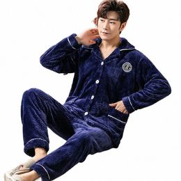 2 Pieces Set Flannel Sleepwear For Men Winter Thicken Warm Nightwear Male Coral Fleece Pijamas Set Pyjamas Homewear Clothes F2JH#
