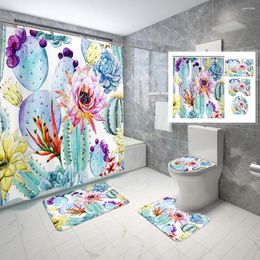 Shower Curtains Green Plant Cactus Print Curtain Non-slip Carpet Toilet Mat Simple Bathroom Setwater Washable