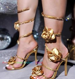 Gold Metallic Rhinestone Flower Wrapped Sandals Women Round Toe Slim Heel Ankle Strap Party Dress Shoes Ladies Open Toe Shoes 240309
