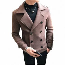 2023 New Fi Men Double-Breasted Windbreaker Solid Colour Slim Short Woollen Coat Winter Casual Warm Windbreaker Coat Size 5XL x5mj#