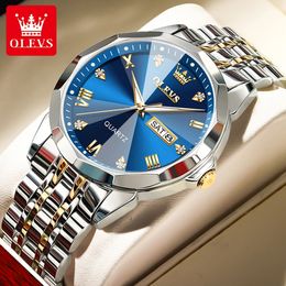 OLEVS 9931 Business Quartz Watch for Men Dual Calendar Luxury Diamond Dial Waterproof Stainless Steel Strap Wristwatch 240311