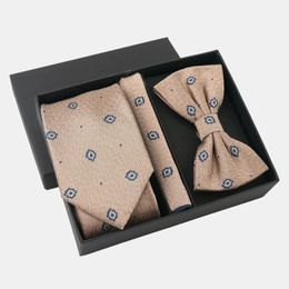 Khaki mens business tie set vintage suit wedding bow pocket scarf gift box wholesale 240320