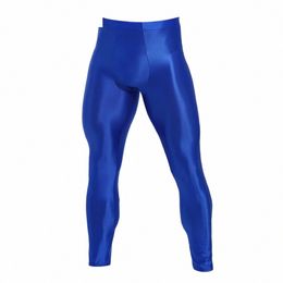 men Elastic Waistband Skinny Shiny Yoga Tights Pants Solid Colour Leggings Exercise Running Gym Fitn Training Sportswear Q1qK#