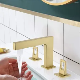 Bathroom Sink Faucets Gold Modern Widespread Faucet In Brushed 3 Hole 2 Handles Lavatory Basin Mixer Tap Solid Brass