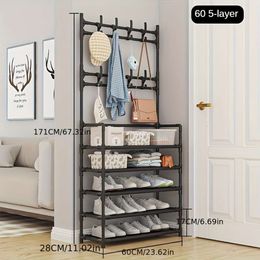 1pc Multifunctional Metal Rack, 4 Tiers Shees with Coat Hooks, 31.5inch Reinforced Shoe Hat Rack - Organise Entryway Keep Your Clothes and Shoes Tidy, Storage &