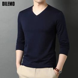 Top Quality 95% Cotton Fashion Brand T-Shirt Mens Tshirt Plain Solid Colour V Neck Long Sleeve Tops Casual Men Clothing 240319