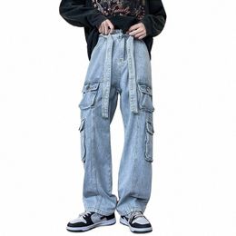 2024 New Men Cargo Jeans Wide Leg Pants Multiple Pockets Baggy Denim Trousers Hip Hop Streetwear Skateboard Neutral Male Clothes 61z1#