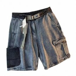 american Vintage Trendy Workwear Shorts Men Women Summer Patchwork Denim Capris American High Street Straight Tube Short Pants X2YD#