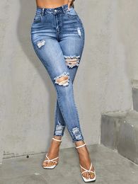 Blue Ripped Holes Skinny Jeans Slim Fit High Stretch Distressed Tight Denim Clothing 240307