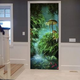 Stickers Fantasy Forest Door Stickers Green Woods Stream Mushroom Door Decal Magic World Mural Wallpaper Poster Living Room Bedroom Decor