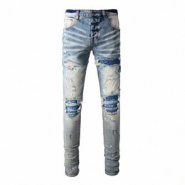 street Fi Men Jeans Retro Blue Stretch Skinny Fit Painted Ripped Jeans Men Butts Fly Patched Designer Hip Hop Brand Pants l5wQ#