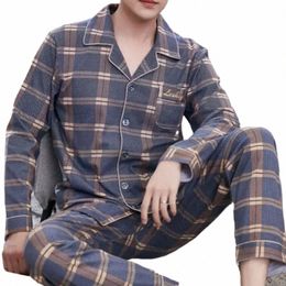 for Pajamas Home Loose Men's Pyjamas Clothes Casual Cott Homewear Nightgown Sleepwear Plaid Set A9z6#