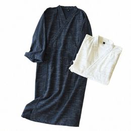 spring And Summer New Style Japanese Kimo Men's Bathrobe 100%Cott Striped Nightgown Plus Size Yukata Home Sweat Steaming Set e6V8#