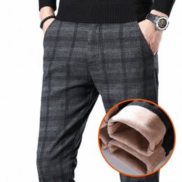 winter Fleece Pants Me High Quality Busin Casual Plaid Slim Cott Lg Trousers Male Black Gray Thick Pant Big Size 28-40 v97V#