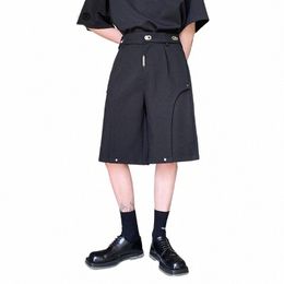 summer Men Pant Metal Buckle Elastic Waist Korean Harajuku Streetwear Fi Loose Casual Short Pant Male Office Commute Shorts R7Rb#