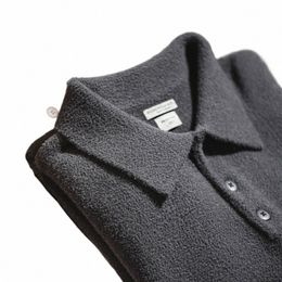 maden Arctic Fleece Polo Sweater Heavyweight Faux Mink Lapel Knit Pullover Men's Vintage Warm Jumper Winter Dark Grey Tops i71w#