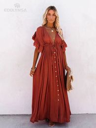 2024 Summer Womens Chic Elegant Ruffle Edge Plus Size Cardigan Dress Sexy V Neck Beach Wear Maxi Dresses Tunic Outfits Q1208 240312