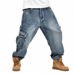 aboorun Hip Hop Men's Baggy Jeans Blue Multi Pockets Cargo Jeans Male Loose Skateboard Denim Pants P3071 b1HE#