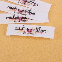 accessories Clothing Labels, Vintage Flower Floral, Custom Logo, Cotton Tags, Business Name, Printing, White Fabric, 12mm x 60mm (MD5215)