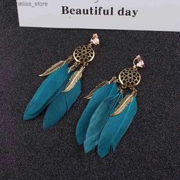 Ear Cuff Ear Cuff Jiafree High Quality Retro Bohemian Blue Feather Clip on Earrings Non Perforated Suitable for Girls Parties No Ear Hole Needed Y240326