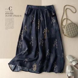 Skirts Limiguyue Art Style Elastic Waist A-Line Print Skirt Vintage Cotton Linen Long Summer Big Swing Casual Loose Female U168