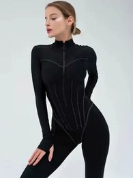 Autumn Sexy Elegant Women Zip-up O-neck Long Sleeve Jumpsuit Streetwear Summer Overalls Fitness Sports Bodysuits 240306