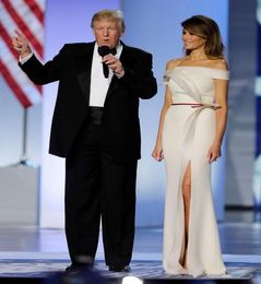 Modest bateau off shoulder 2019 Celebrity Melania Trump formal evening gowns zipper back sash side split prom dresses long4718647