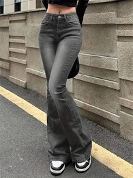 Women Flare Stretch Moustache Jeans Fashion Skinny Bell Bottom High Waist Gray Denim Pants Lady Classic Y2K Punk Long Trousers 240319