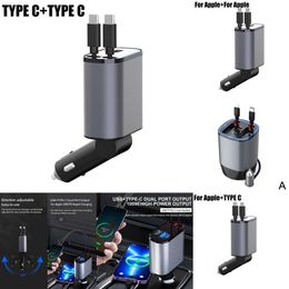 New 100W 4 IN 1 Retractable Car Charger USB Type C Cable For Iphone Samsung Fast Charge Cord Cigarette Lighter Adapter