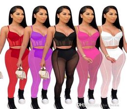 Summer Tracksuits For Women Two Piece Sheer Yoga Pants Set Sexy Mesh Crop Top Perspective Screen Bra Strap Vest Leggings Nightclub8243204