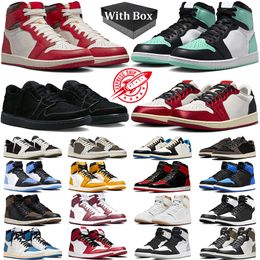 Med Box Men Women 1 Basketballskor 1s Lost Found Green Glow Black White Low Olive Black Phantom Reverse Mocha Satin Bred Patent Mens Trainer Outdoor Sneakers