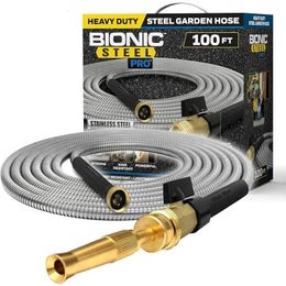 Bionic Steel Pro 100 FT Garden Hose with Nozzle 304 Stainless Steel Metal Water Hose Flexible Hose Kink Free Lightweight 240311