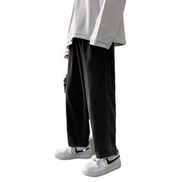 2022 Spring Autumn New Men's Baggy Black Jeans Korean Fi Elastic Waist Design Straight-leg Denim Pants Male Brand Trousers e7aw#
