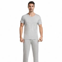 summer Thin Pajama Sets for Men Comfortable Soft Mens Pijama Suit 2 Piece Sleepwear Round Neck Sleep Tops Lounge Pants Homewear 04zS#