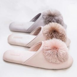 Slippers House Elegant Tassel Hairball Women Comfortable Cloth Chic Ladies Flat Shoes Spring Luxury Champagne Slides