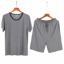 summer Short Sleeve Shorts Two Piece Set Modal Pijamas Suit Elastic Waist Sleepwear Plus Size Men Pajamas Loose Loungewear d3VS#