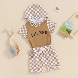 Clothing Sets Toddler Boys Summer Shorts Short Sleeve Letter Checkerboard Print Hooded Tops And Drawstring