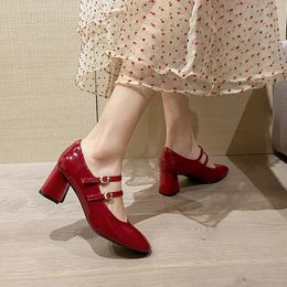 Mary Jane Shoes High heels womens small size leather shallow mouth red thick heel round head one word belt 240311