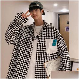 Mens Casual Shirts High Street Ins Checkerboard Long Sleeved Shirt Spring Clothes Plus Fat Size Trendy People Loose Coat Drop Delivery Otby6