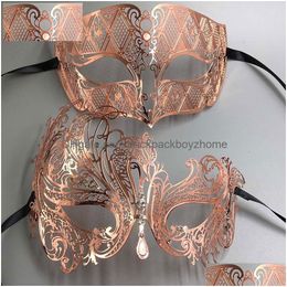 Party Masks Rose Gold Women Men Couple Pair Lover Made Of Light Metal Laser Cut Filigree Venetian Mardi Gras Masquerade Ball Prom Set Dhsxz